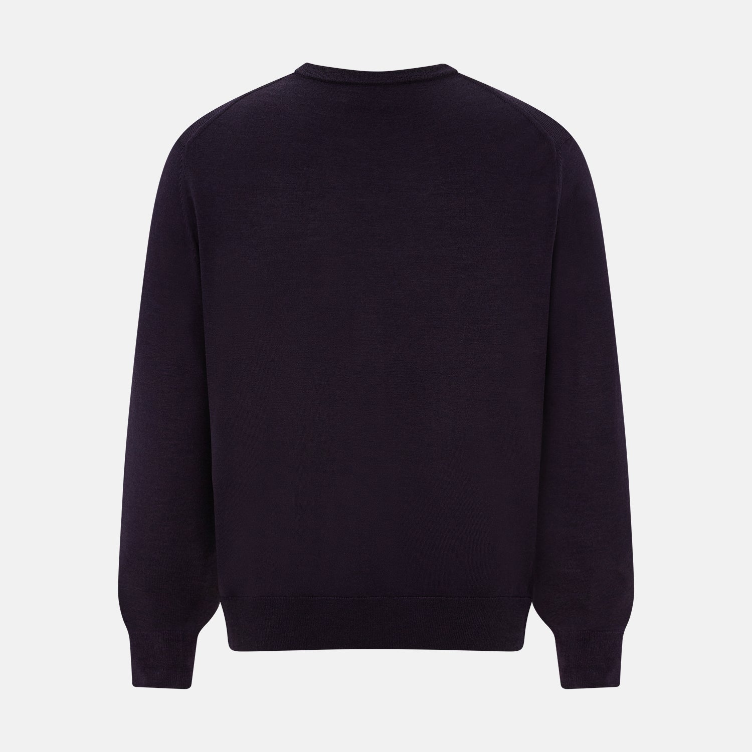View 3 of product The Turnbull & Asser Dark Purple Fine Merino V-Neck Jumper features long sleeves and a classic knit, shown against a white background.