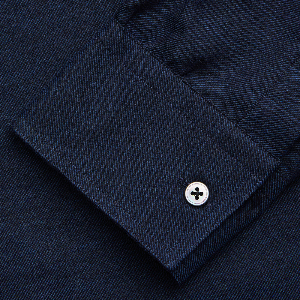 The Turnbull & Asser Navy Weekend Fit Nevis Cotton-Cashmere Shirt features a Dorset collar, 1-button cuffs, and is laid flat on a white background.