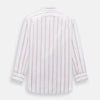 View 3 of product The Turnbull & Asser Coral Track Stripe Mayfair Shirt features a white Italian cotton fabric with vertical red stripes and a pointed T&A collar, shown against a plain light background.
