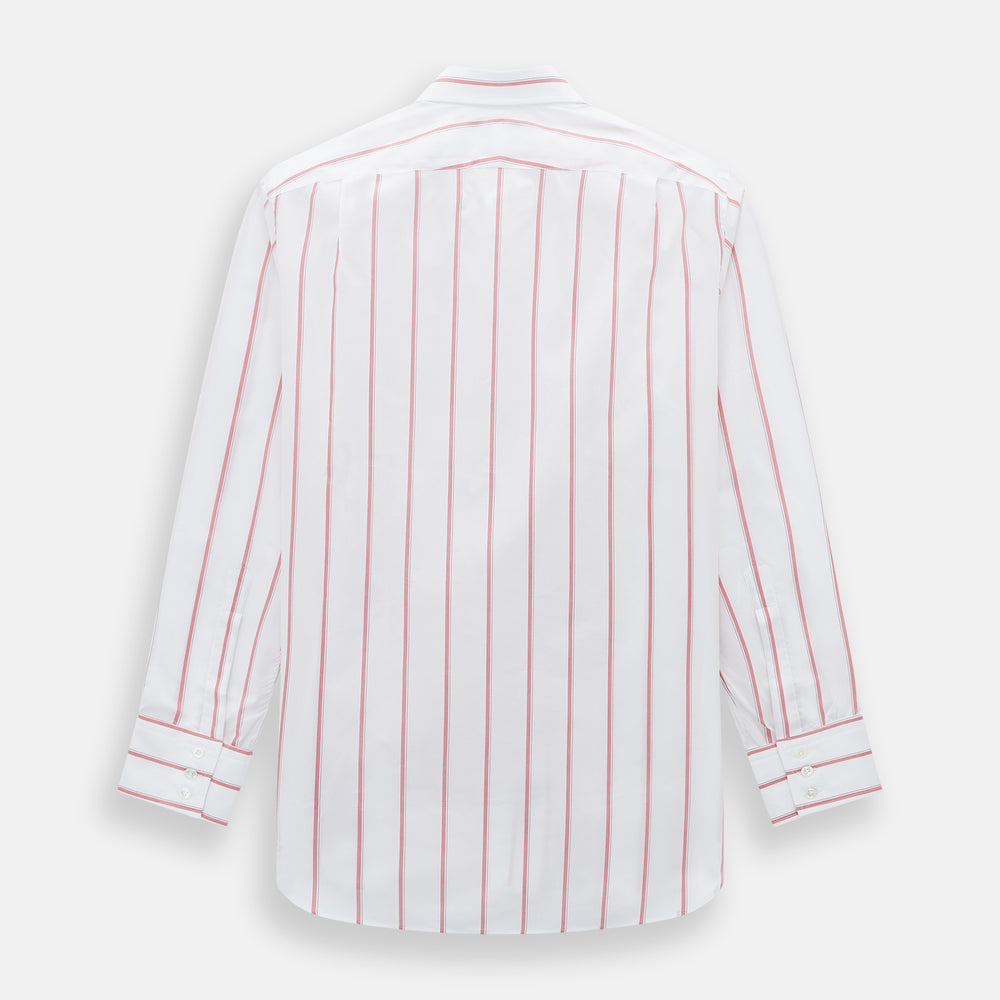 The Turnbull & Asser Coral Track Stripe Mayfair Shirt features a white Italian cotton fabric with vertical red stripes and a pointed T&A collar, shown against a plain light background.