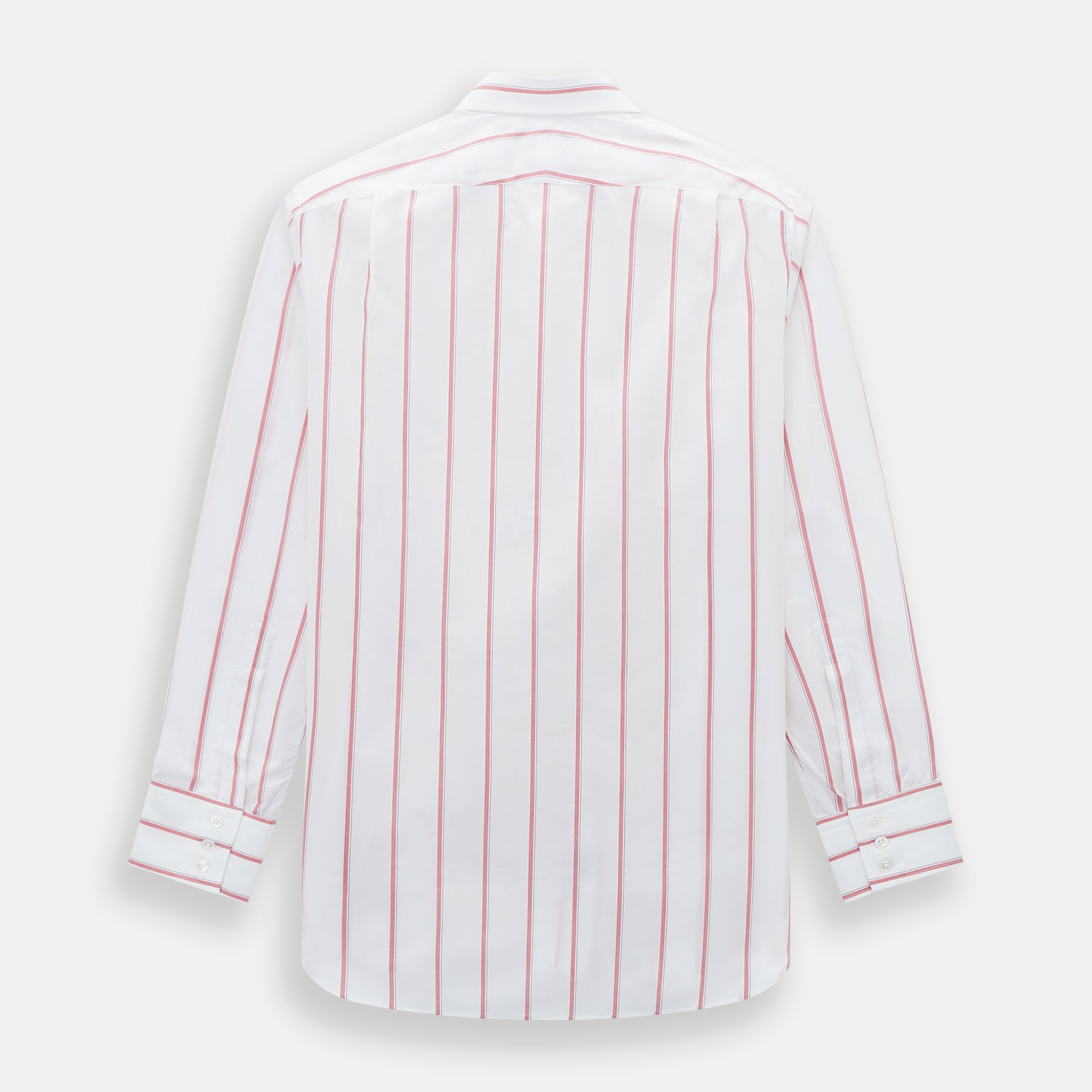 View 3 of product The Turnbull & Asser Coral Track Stripe Mayfair Shirt features a white Italian cotton fabric with vertical red stripes and a pointed T&A collar, shown against a plain light background.