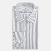 View 5 of product The Purple Multi Stripe Mayfair Shirt from Turnbull & Asser is a pure cotton, collared long-sleeve shirt with white and gray vertical stripes and buttoned cuffs, displayed flat on a white background.
