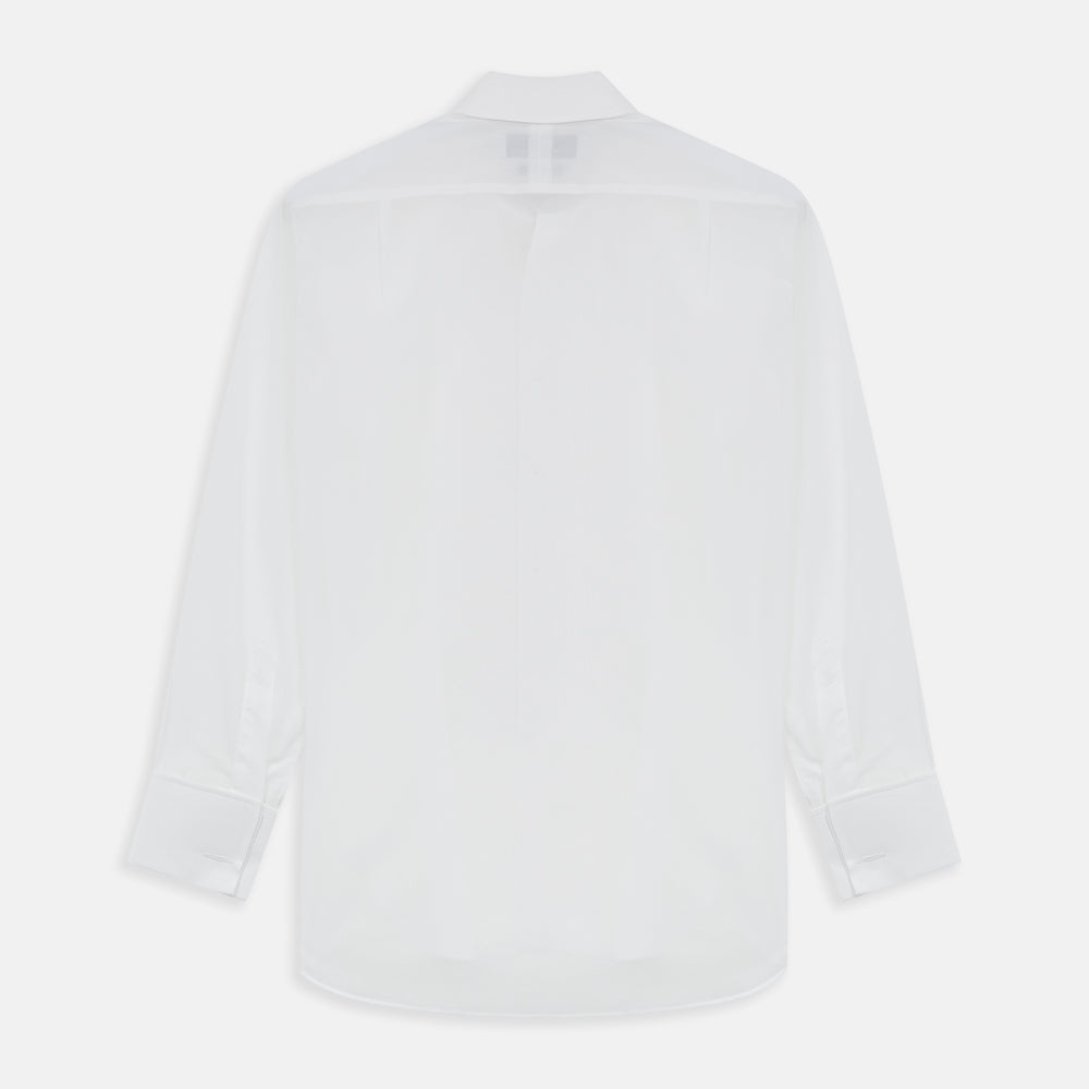 The Die Another Day Inspired Voile Dress Shirt by Turnbull & Asser features a white pleated front, button-down closure, and classic collar—laid flat on white to showcase its timeless James Bond style.