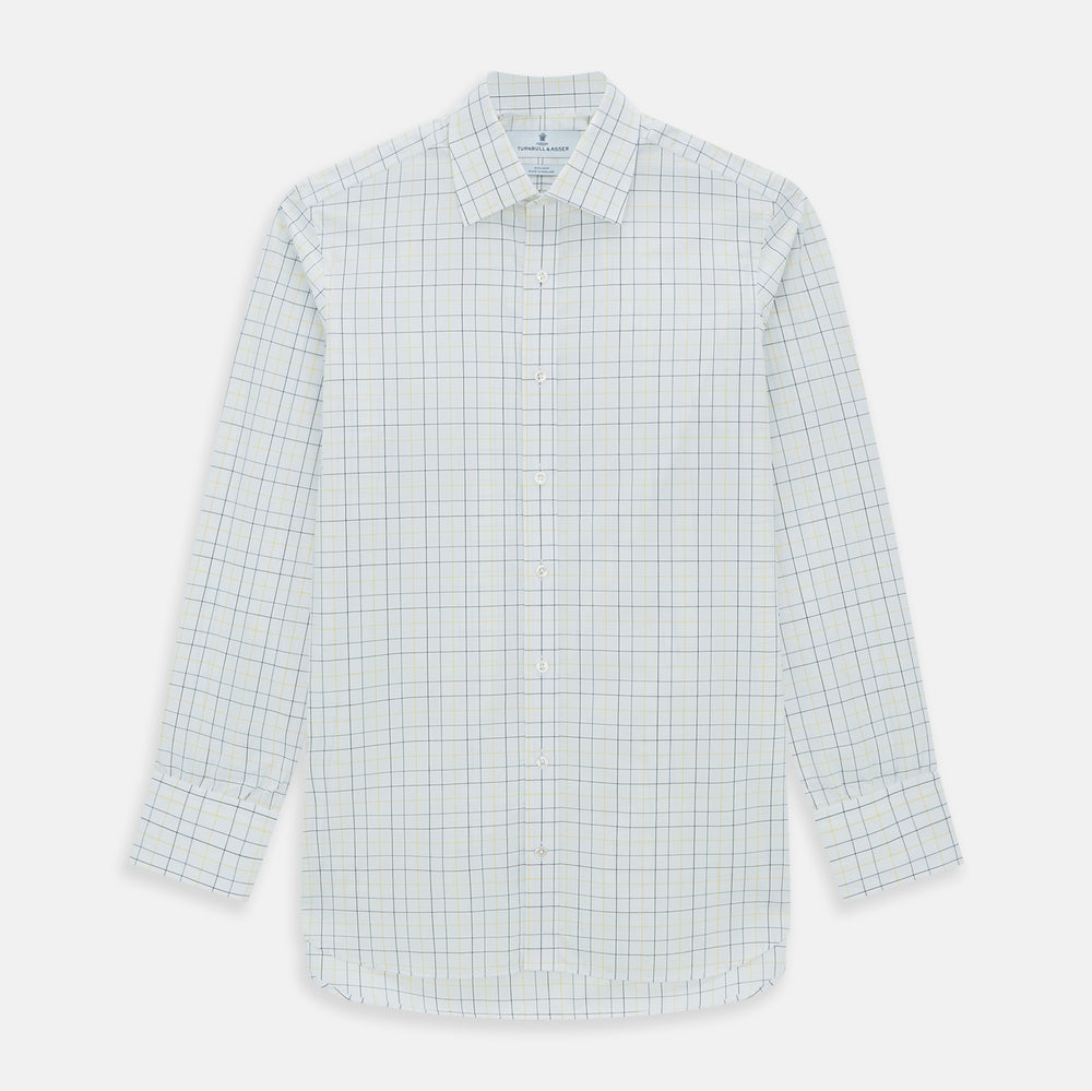 The Turnbull & Asser Yellow and Blue Grid Check Mayfair Shirt features a long-sleeve button-up design with a yellow and blue grid pattern, shown against a plain white background.