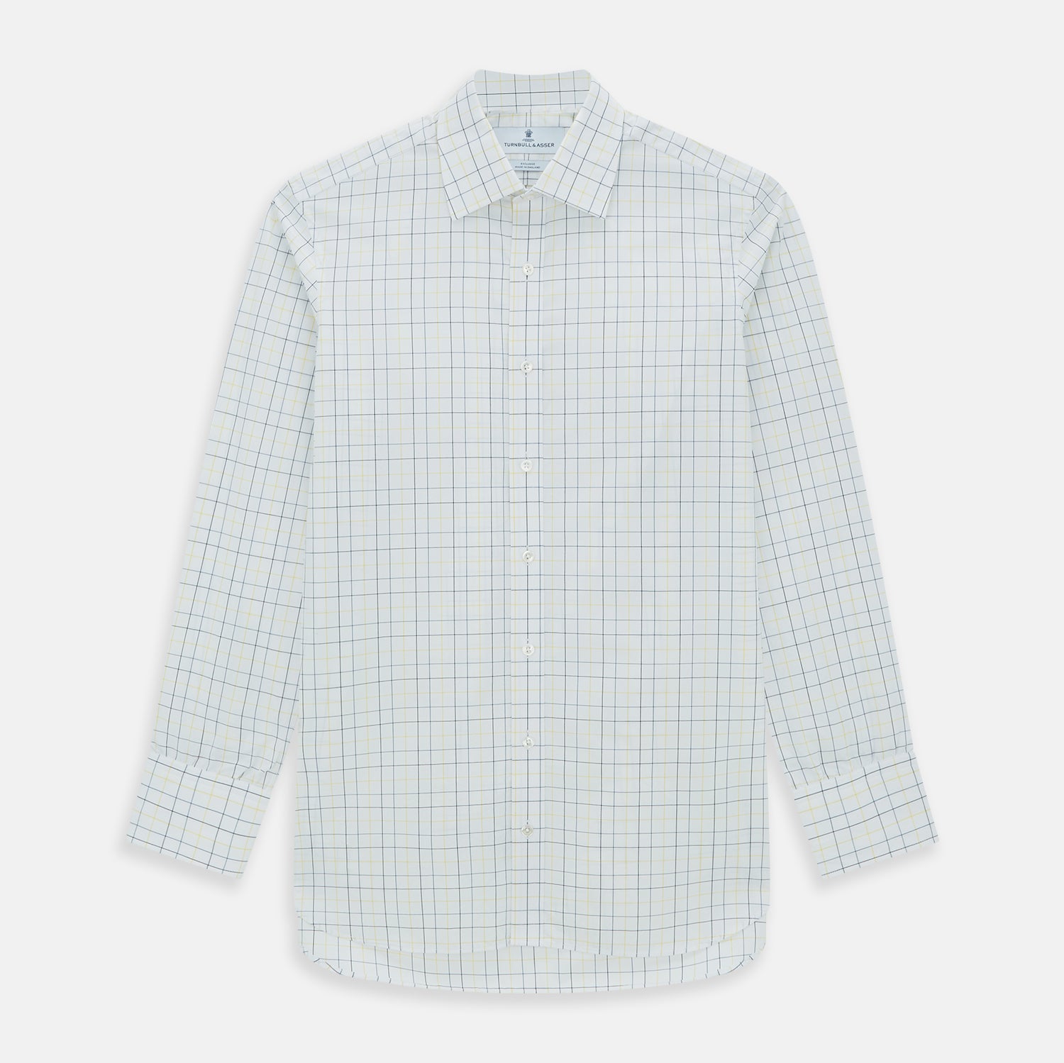 View 1 of product The Turnbull & Asser Yellow and Blue Grid Check Mayfair Shirt features a long-sleeve button-up design with a yellow and blue grid pattern, shown against a plain white background.