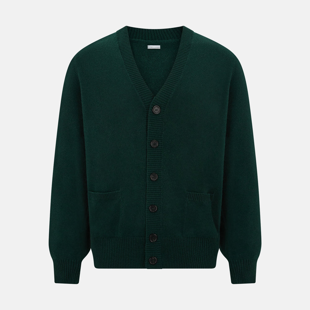 The Turnbull & Asser Forest Green Cashmere Cardigan—featuring long sleeves, a V-neck, button-down front, ribbed cuffs and hem, plus two front pockets—is shown against a plain white background.