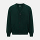 The Turnbull & Asser Forest Green Cashmere Cardigan—featuring long sleeves, a V-neck, button-down front, ribbed cuffs and hem, plus two front pockets—is shown against a plain white background.