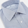 View 2 of product The Turnbull & Asser Blue Micro Graph Check Mayfair Shirt features long sleeves, a subtle check pattern, T&A collar, and buttoned cuffs, shown laid flat on a white background.