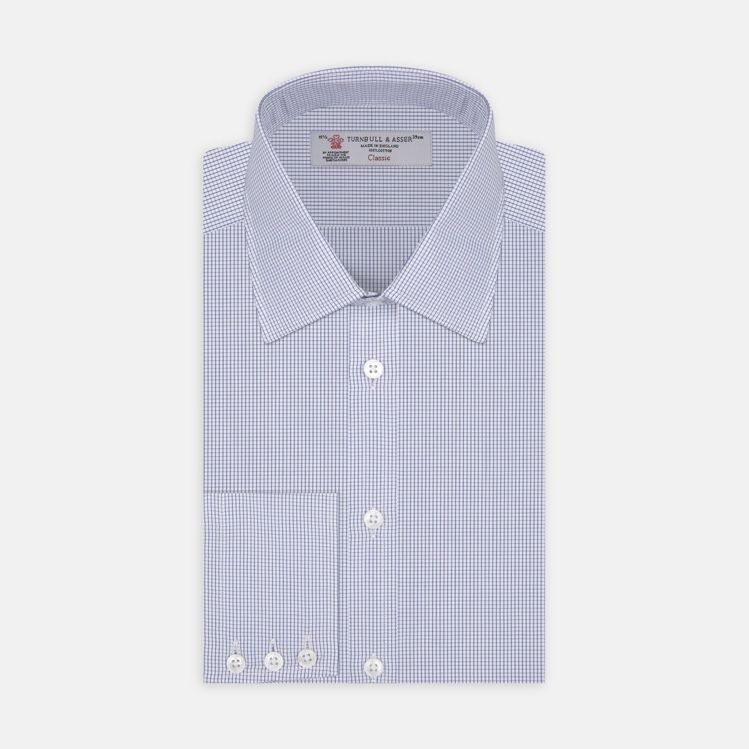 View 2 of product A circular close-up of Turnbull & Asser’s Blue Grid Check Cotton Fabric shows its white base with evenly spaced blue grid lines, bordered by a gray ring on a white background.