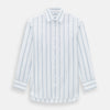 View 1 of product The Turnbull & Asser Steel Grey Track Stripe Mayfair Shirt is a long-sleeve Italian cotton shirt with vertical stripes, a button-down front, and classic collar, shown laid flat on a white background.