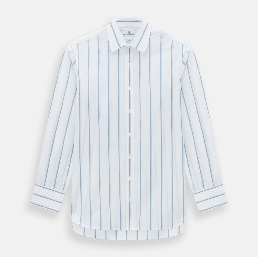 The Turnbull & Asser Steel Grey Track Stripe Mayfair Shirt is a long-sleeve Italian cotton shirt with vertical stripes, a button-down front, and classic collar, shown laid flat on a white background.