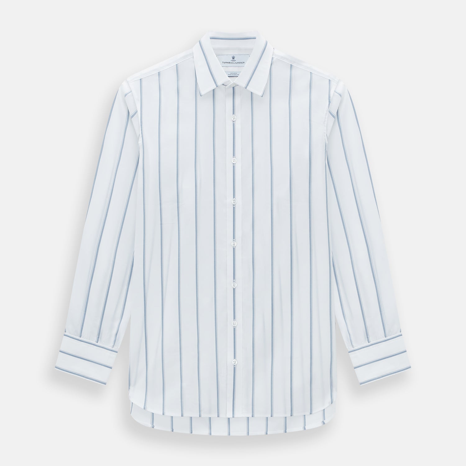 View 1 of product The Turnbull & Asser Steel Grey Track Stripe Mayfair Shirt is a long-sleeve Italian cotton shirt with vertical stripes, a button-down front, and classic collar, shown laid flat on a white background.