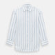 The Turnbull & Asser Steel Grey Track Stripe Mayfair Shirt is a long-sleeve Italian cotton shirt with vertical stripes, a button-down front, and classic collar, shown laid flat on a white background.