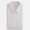 View 5 of product The Pink and Blue Multi Double Pinstripe Mayfair Shirt by Turnbull & Asser is a long-sleeve, button-up with a T&A collar, buttoned cuffs, and thin blue, red, and white stripes on a light background for a classic, formal look.
