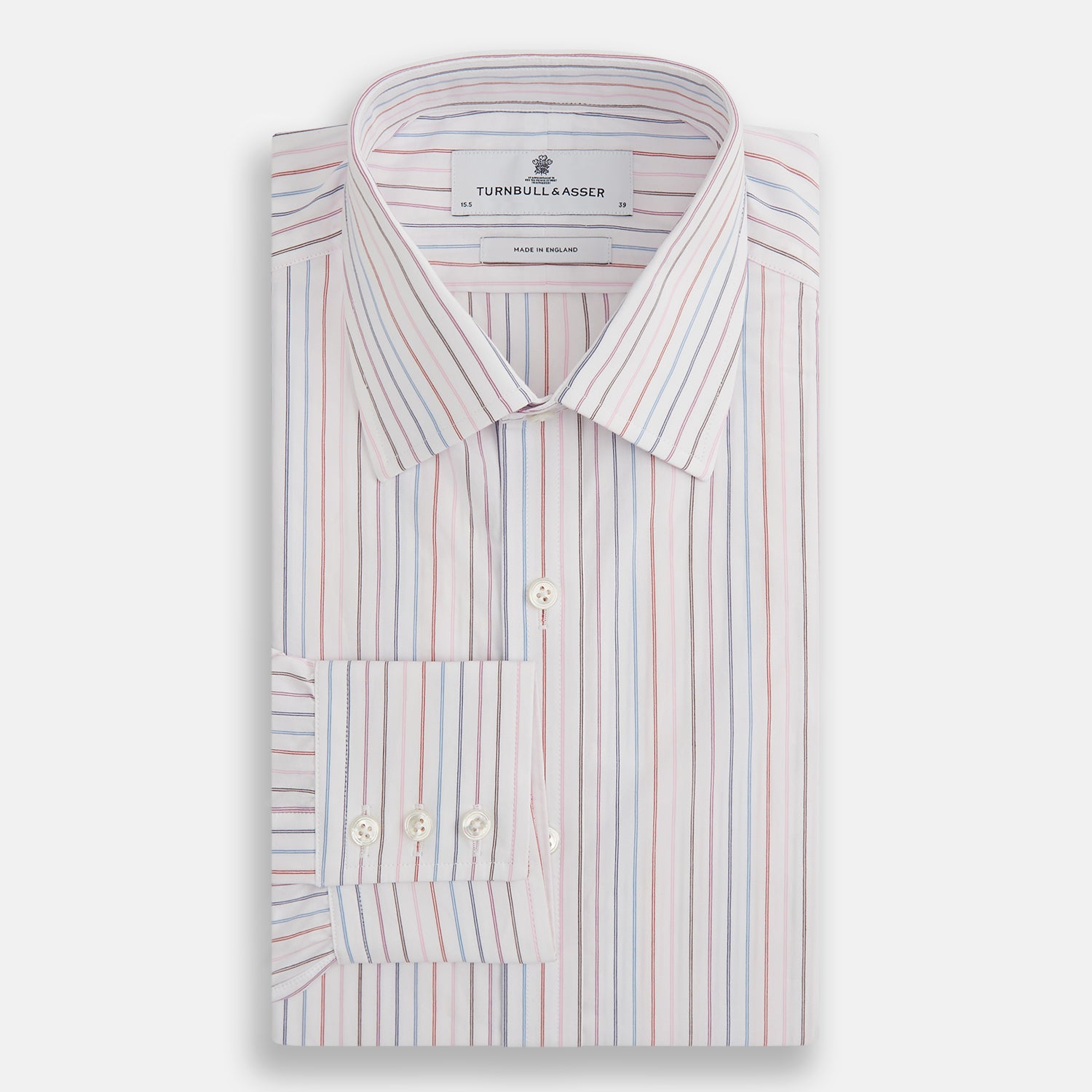 View 5 of product The Pink and Blue Multi Double Pinstripe Mayfair Shirt by Turnbull & Asser is a long-sleeve, button-up with a T&A collar, buttoned cuffs, and thin blue, red, and white stripes on a light background for a classic, formal look.