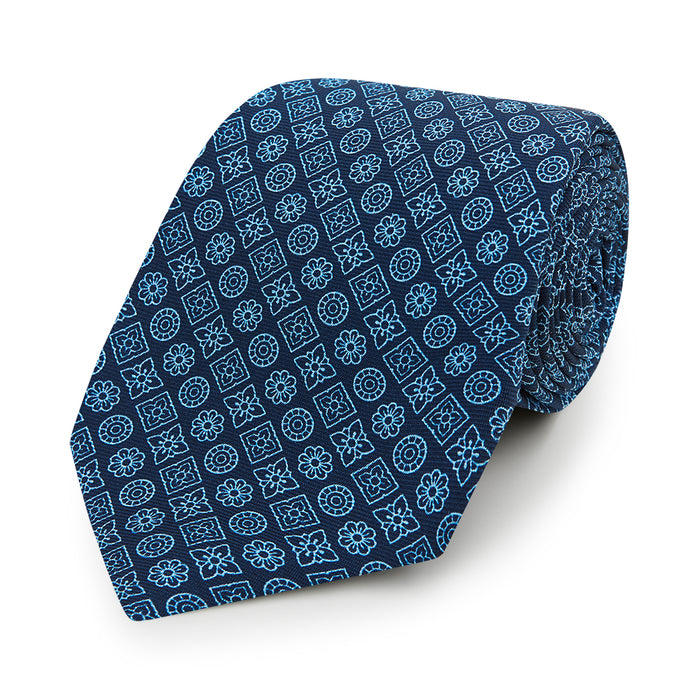 Dark Navy Floral Tile Pattern Printed Silk Tie Image 4