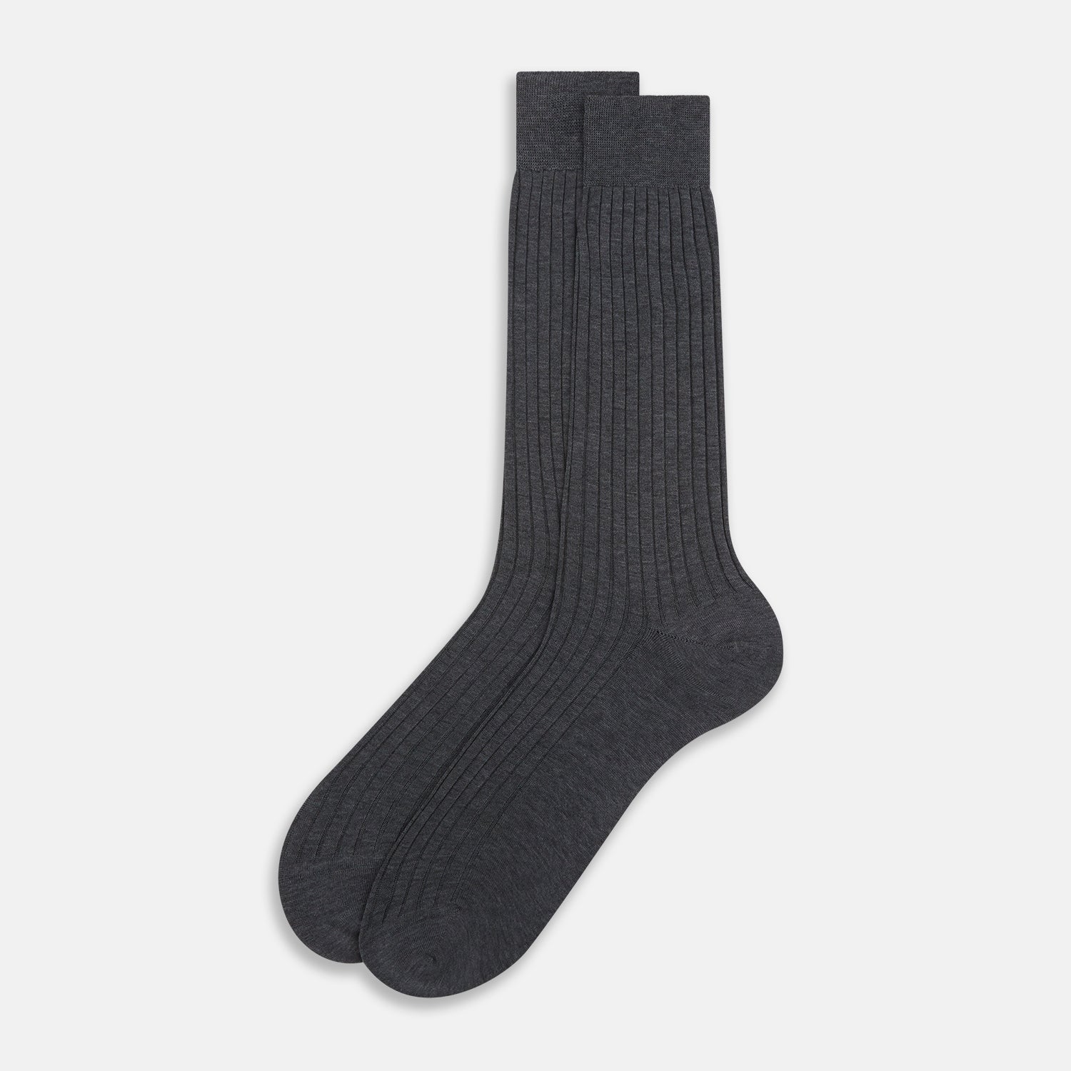 View 2 of product The Turnbull & Asser Steel Melange Mid-Length Sock, in dark gray ribbed mercerised Egyptian cotton, is shown upright on a white background to highlight its elegant shape and texture.