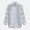 View 1 of product The Turnbull & Asser Green Multi Stripe Regular Fit Shirt features a T&A collar, 3 button cuffs, long sleeves, and vertical blue, green, and white stripes. Laid flat on a white background.
