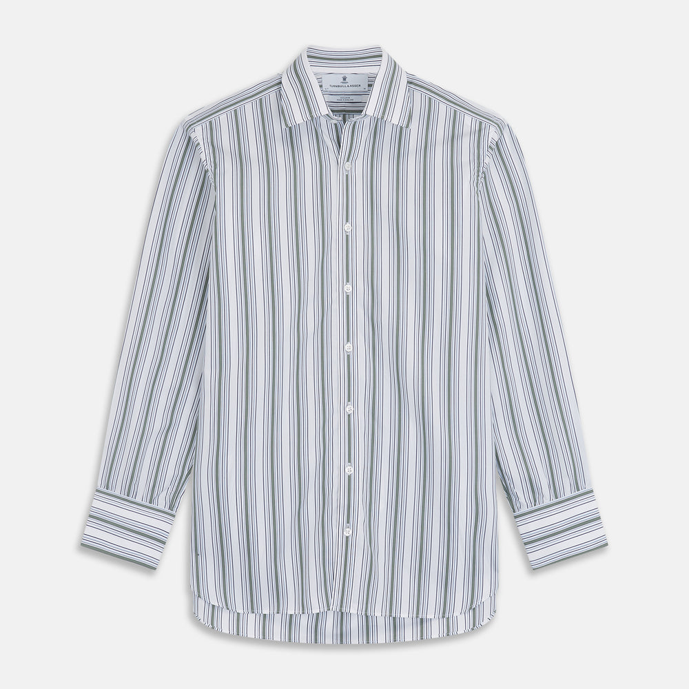 The Turnbull & Asser Green Multi Stripe Regular Fit Shirt features a T&A collar, 3 button cuffs, long sleeves, and vertical blue, green, and white stripes. Laid flat on a white background.