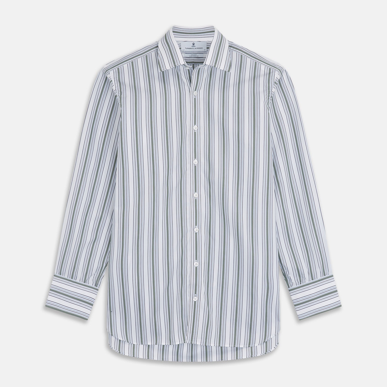 View 1 of product The Turnbull & Asser Green Multi Stripe Regular Fit Shirt features a T&A collar, 3 button cuffs, long sleeves, and vertical blue, green, and white stripes. Laid flat on a white background.