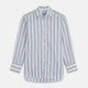 The Turnbull & Asser Green Multi Stripe Regular Fit Shirt features a T&A collar, 3 button cuffs, long sleeves, and vertical blue, green, and white stripes. Laid flat on a white background.