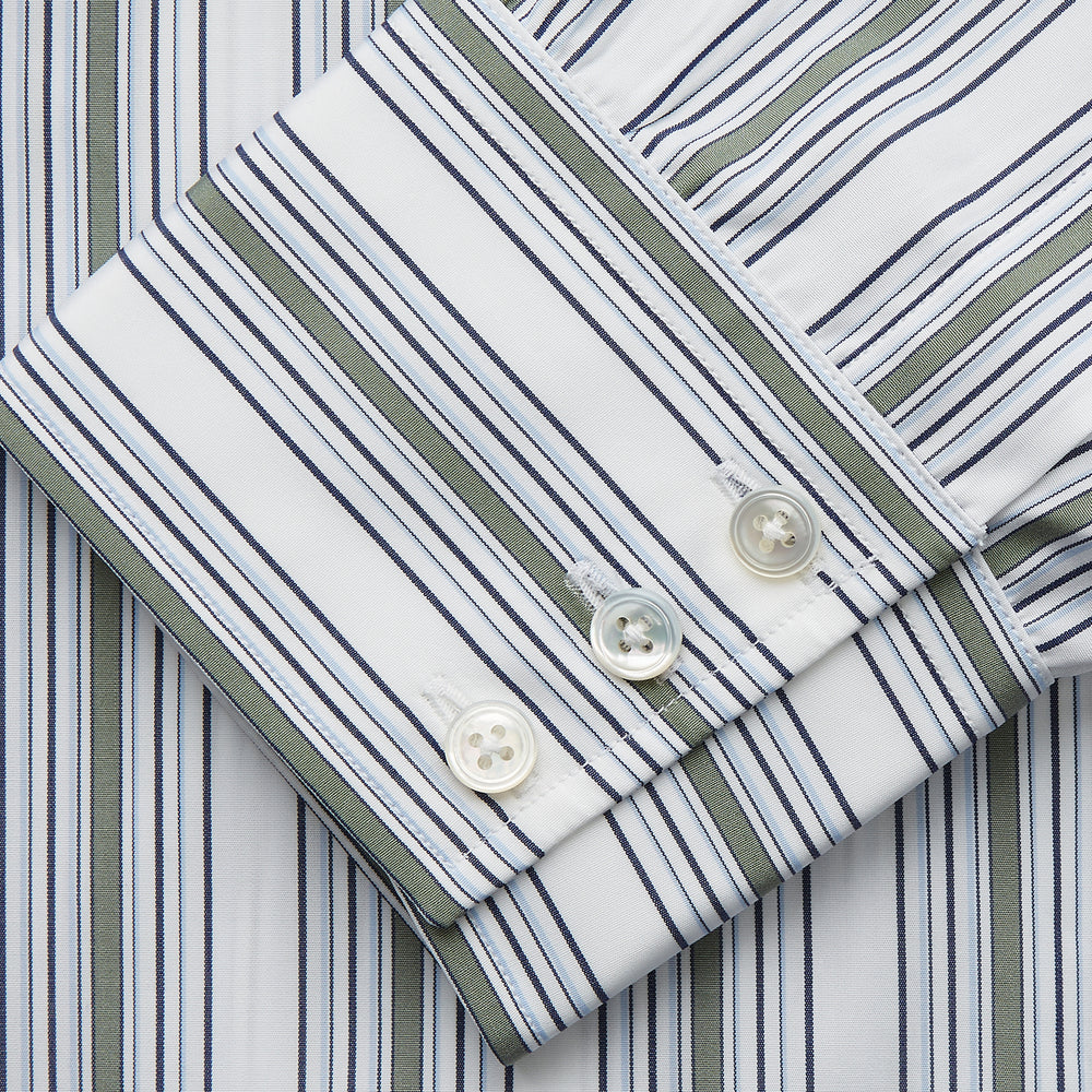The Turnbull & Asser Green Multi Stripe Regular Fit Shirt features a T&A collar, 3 button cuffs, long sleeves, and vertical blue, green, and white stripes. Laid flat on a white background.