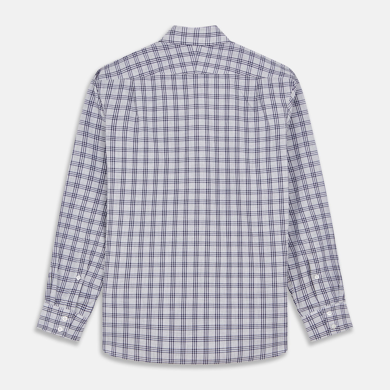 View 5 of product The Turnbull & Asser Grey Multi Check Cotton Tailored Fit Shelton Shirt is neatly laid flat on a white background.