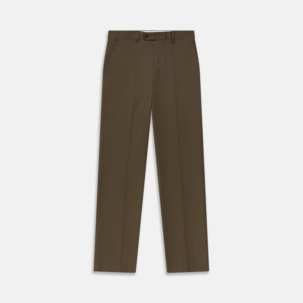 Close-up of the back of Turnbull & Asser's Khaki Green Cotton Twill Manson Trouser, featuring a single buttoned back pocket, belt loops, and fine stitching details—a menswear essential.