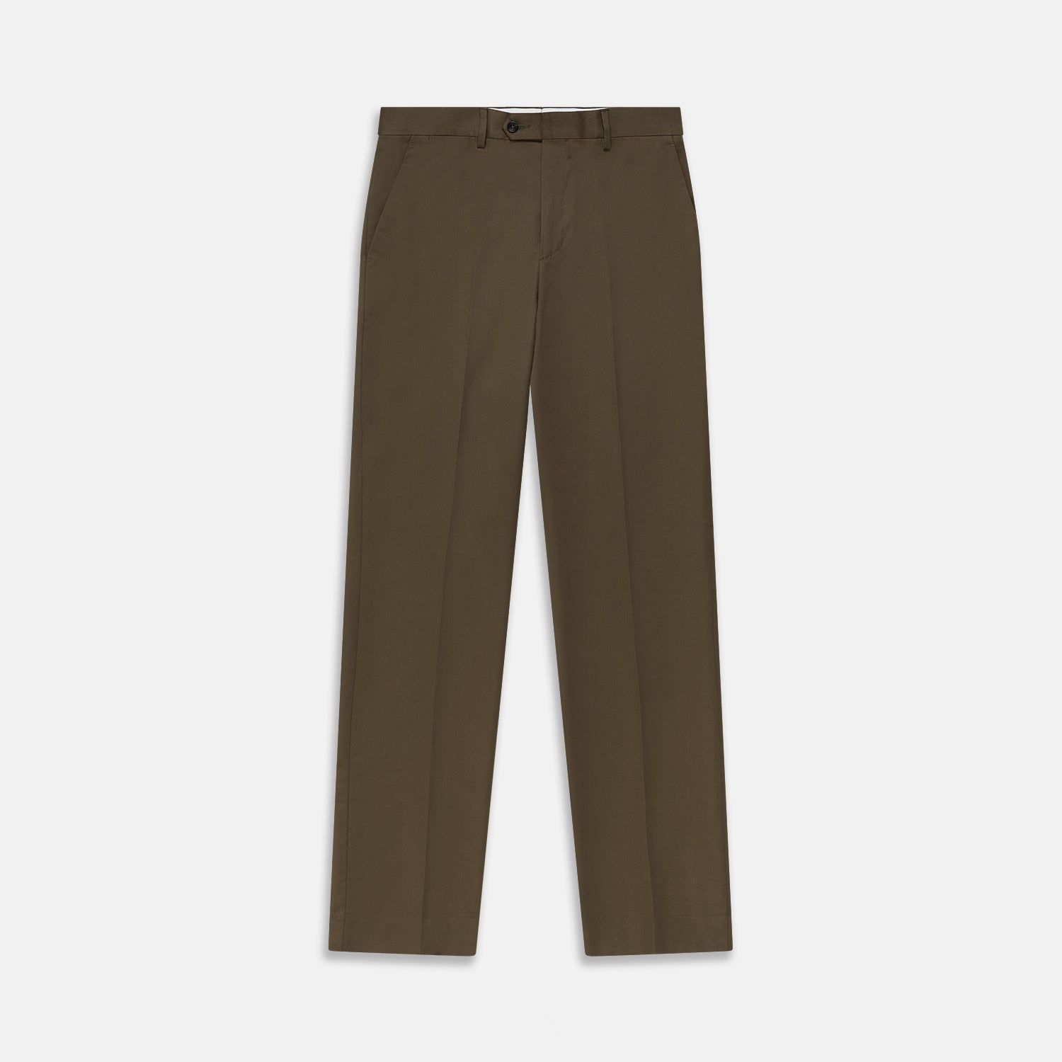 View 1 of product Close-up of the back of Turnbull & Asser's Khaki Green Cotton Twill Manson Trouser, featuring a single buttoned back pocket, belt loops, and fine stitching details—a menswear essential.