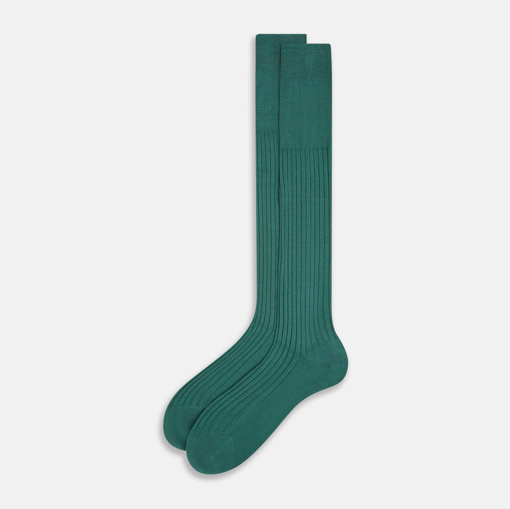 The Sage Long Sock by Turnbull & Asser is a knee-high, ribbed green sock made from premium Egyptian cotton, displayed against a plain white background.