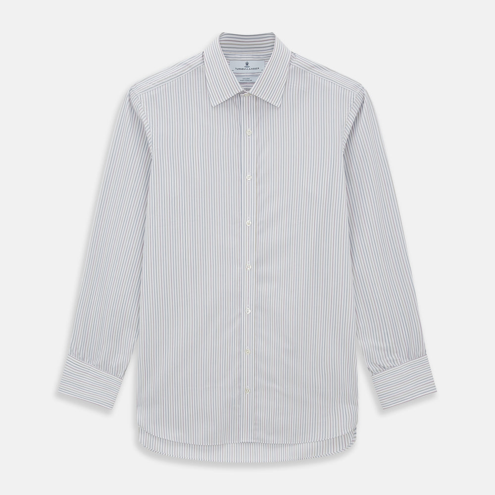 The Turnbull & Asser Multicoloured Music Stripe Mayfair Shirt features thin blue and white vertical stripes, a classic T&A collar, and buttoned cuffs, shown laid flat on a white background.