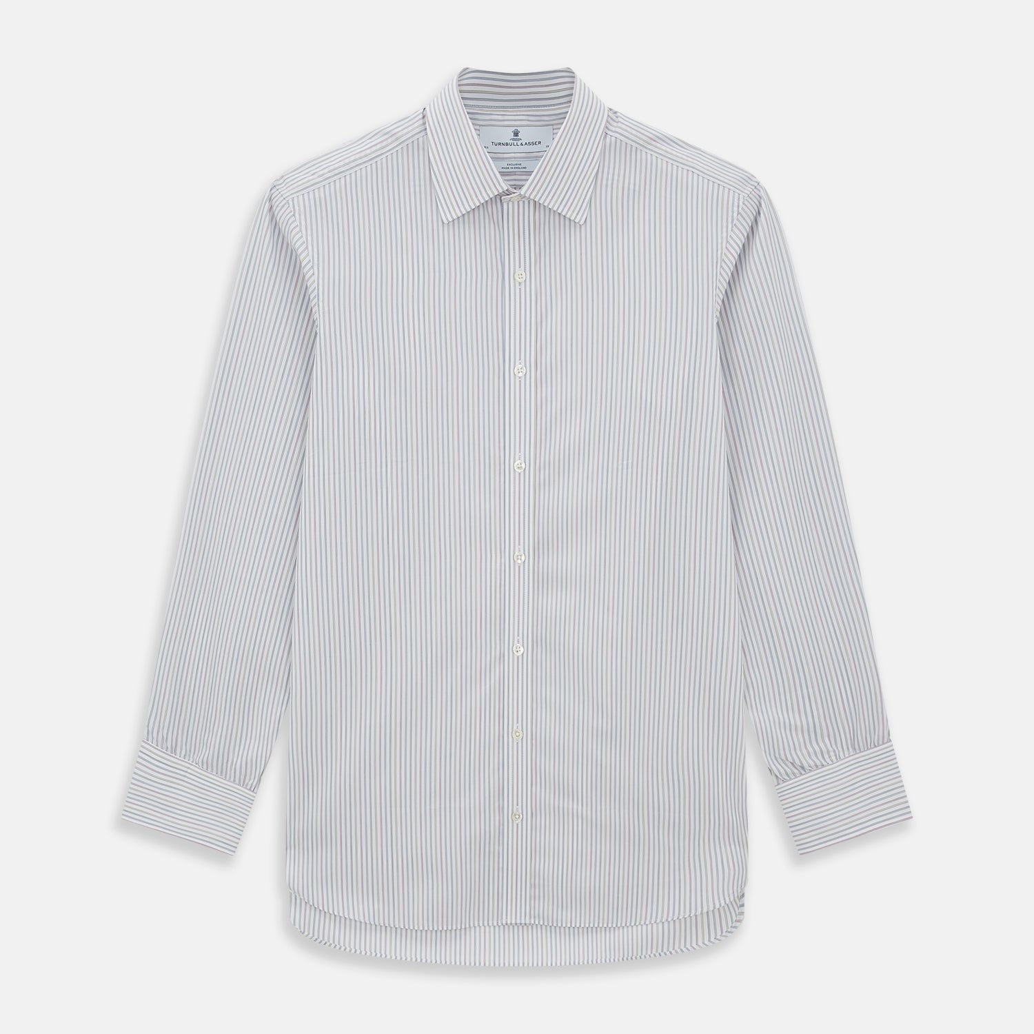 View 1 of product The Turnbull & Asser Multicoloured Music Stripe Mayfair Shirt features thin blue and white vertical stripes, a classic T&A collar, and buttoned cuffs, shown laid flat on a white background.