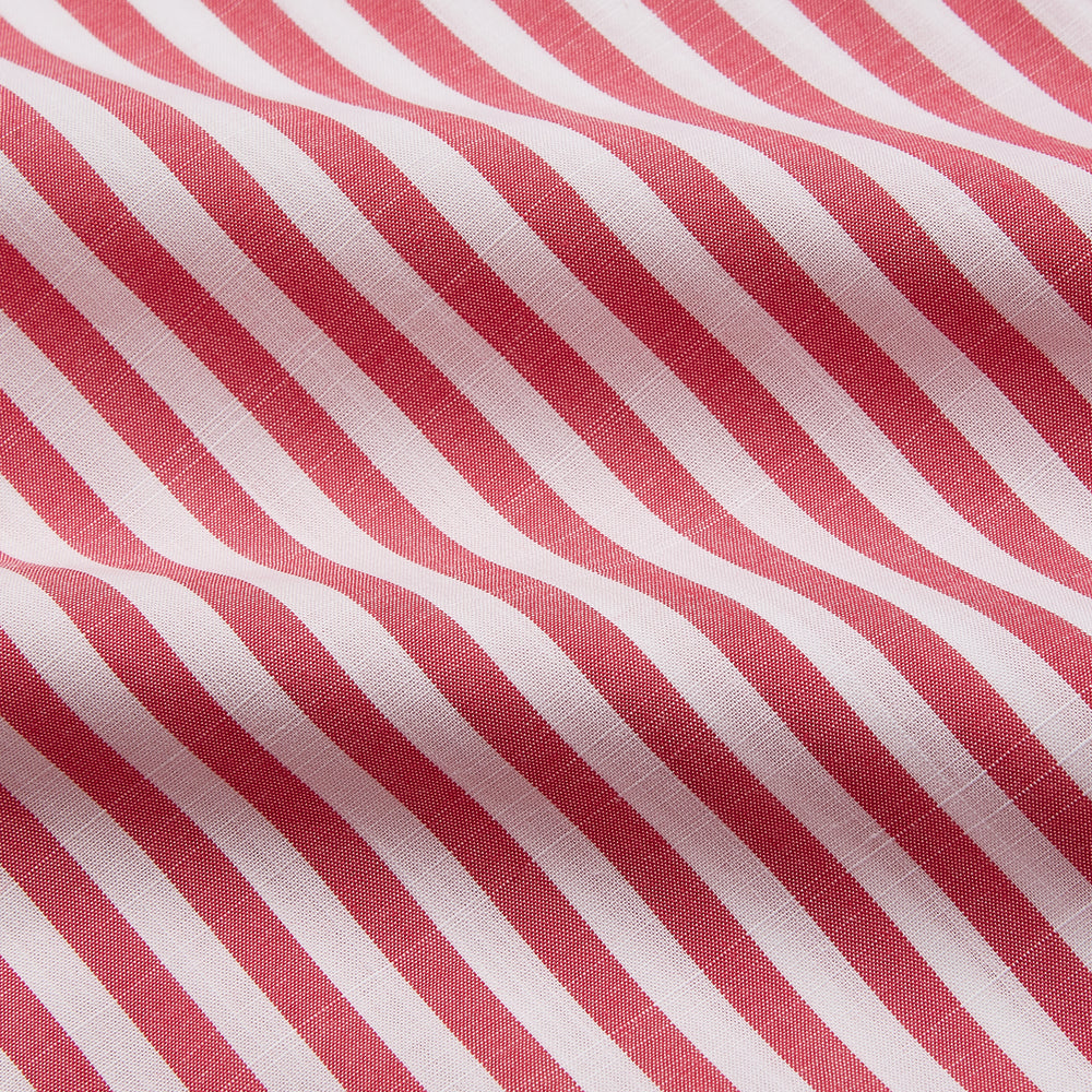 The Pink Candy Stripe Cotton Weekend Fit Finch Shirt by Turnbull & Asser features vertical red and white stripes, a left chest pocket, and a classic collar—an essential men’s wardrobe staple shown against a white backdrop.