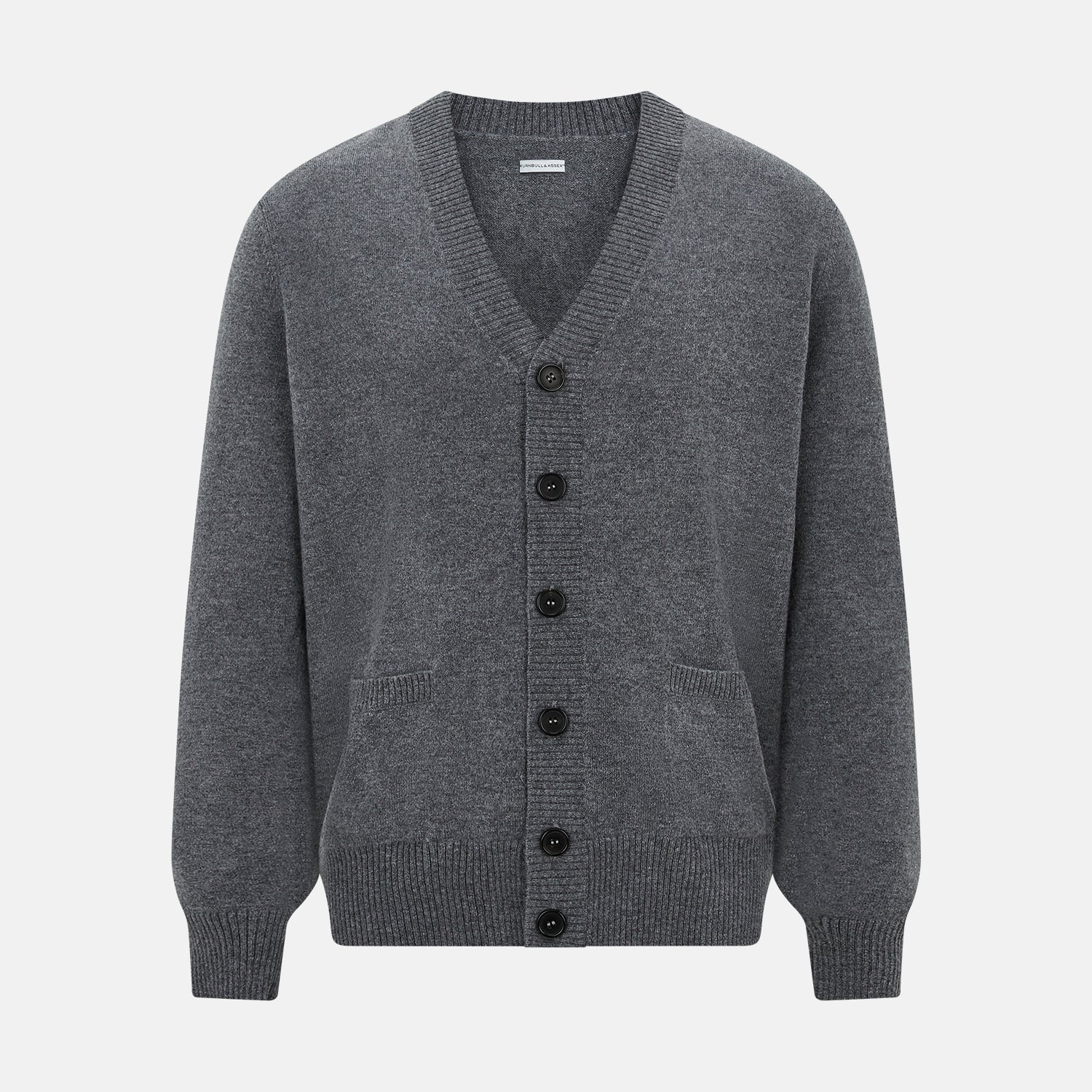 View 1 of product The Turnbull & Asser Grey Melange Cashmere Cardigan features a V-neck, ribbed cuffs and hem, front buttons, and two pockets—an elegant piece from our timeless knitwear collection. Shown here against a plain white background.