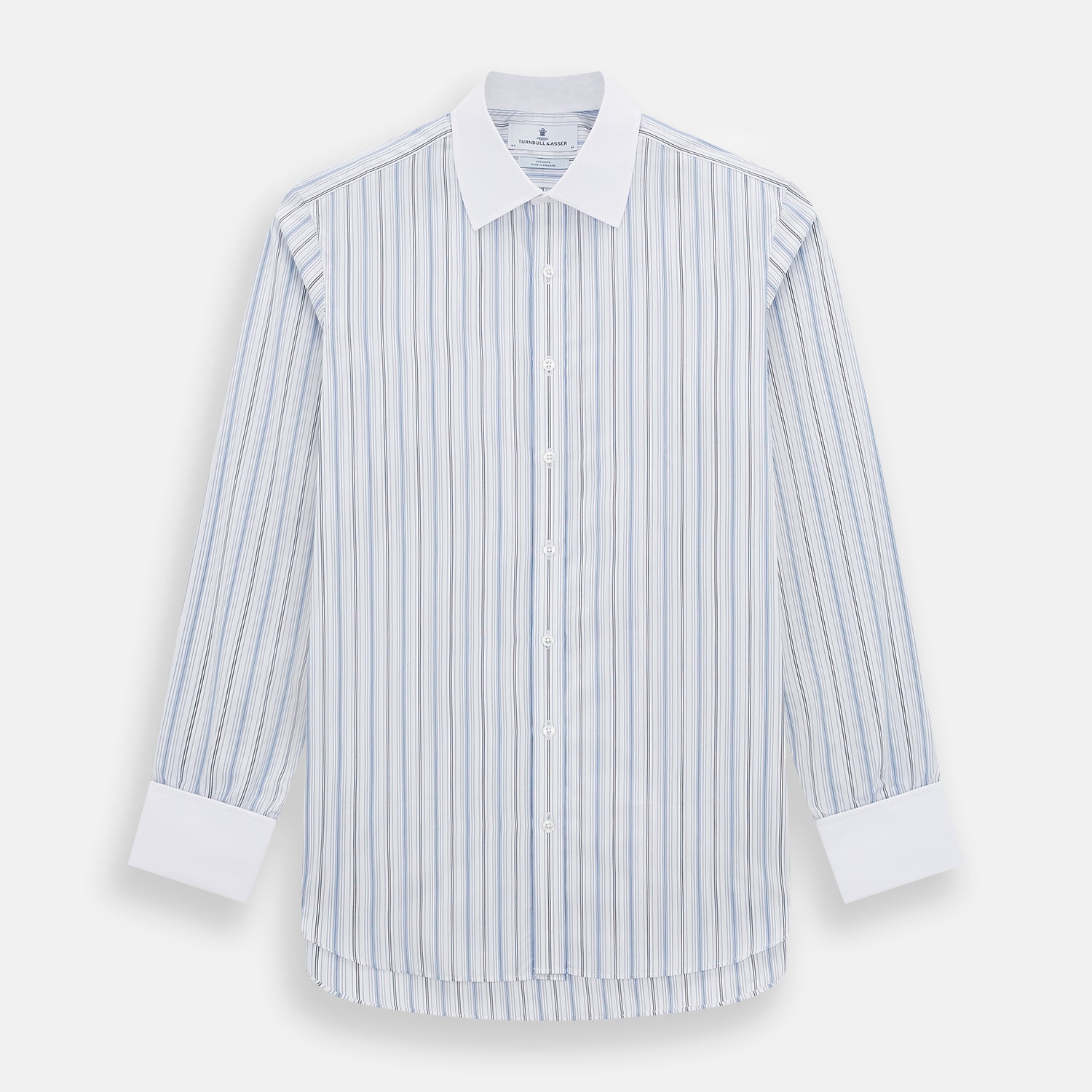 View 1 of product The Turnbull & Asser Navy and Blue Multi Stripe Shirt with Contrast Collar and Double Cuffs is shown in a Mayfair fit on a plain white background.