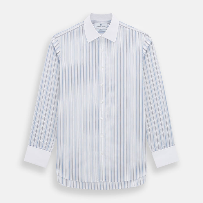 Navy and Blue Multi Stripe Shirt with Contrast Collar and Double Cuffs