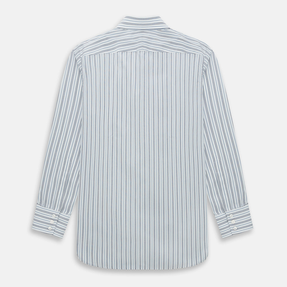 The Turnbull & Asser Navy and Light Blue Multi Track Stripe Westminster Shirt, featuring a button-up design with long sleeves and a signature collar, is displayed flat to highlight its expert British craftsmanship.