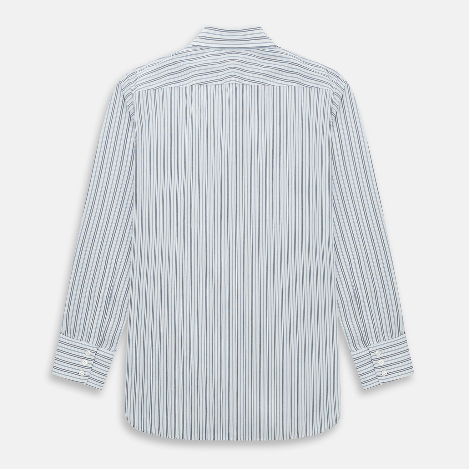 View 3 of product The Turnbull & Asser Navy and Light Blue Multi Track Stripe Westminster Shirt, featuring a button-up design with long sleeves and a signature collar, is displayed flat to highlight its expert British craftsmanship.