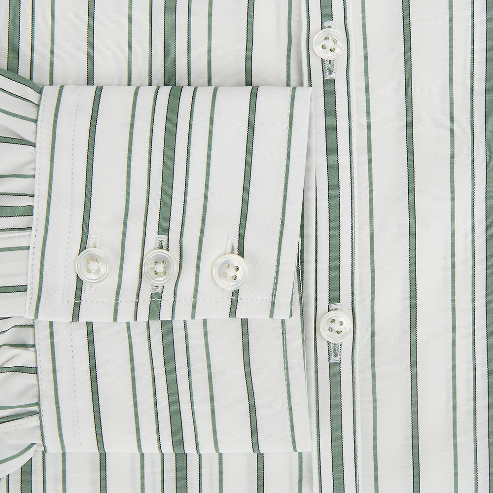 The SAGE GREEN MULTI STRIPE WESTMINSTER SHIRT by Turnbull & Asser features a classic collar, long sleeves, buttoned cuffs, relaxed fit, and vertical green and white stripes—embodying timeless British craftsmanship.