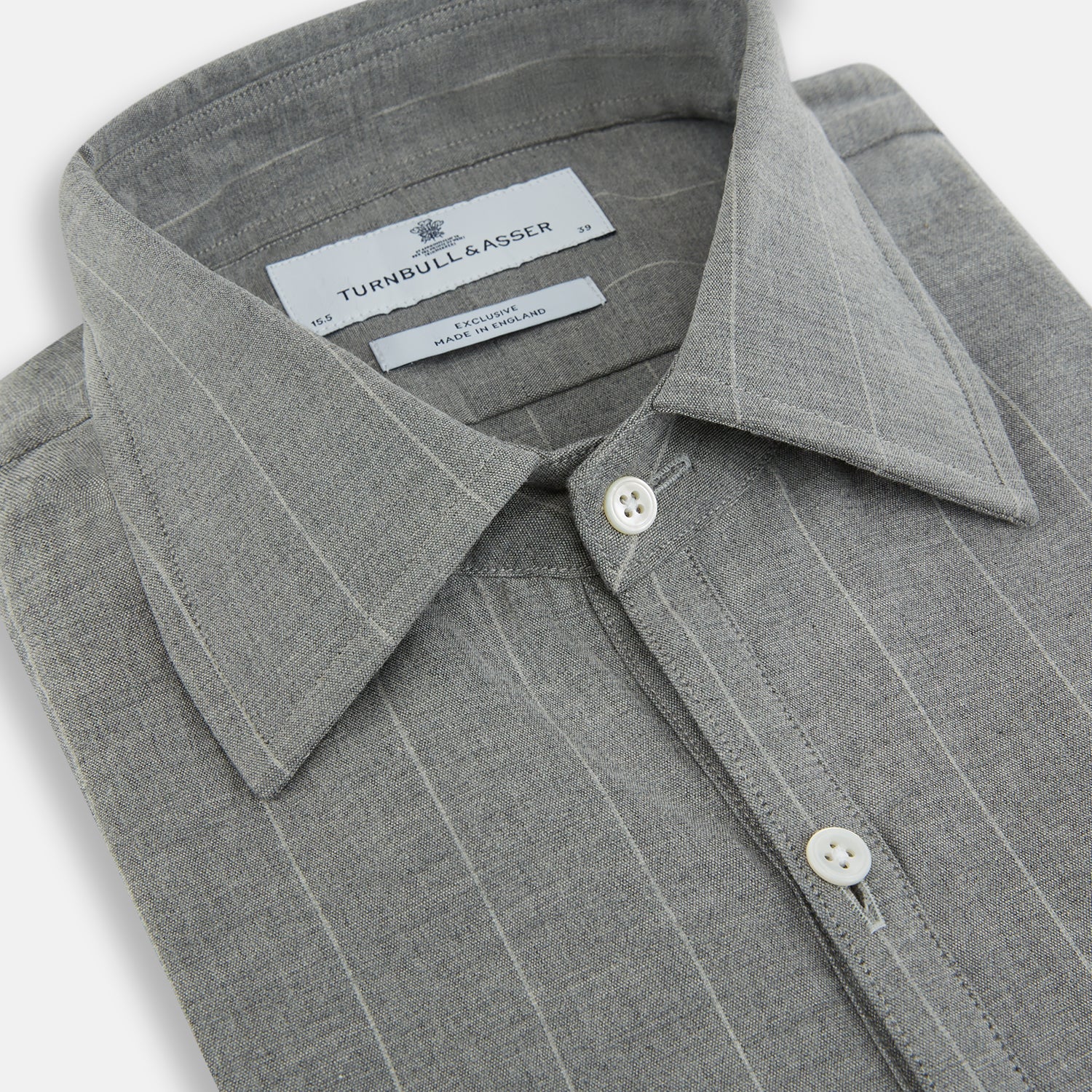 View 2 of product The Grey Wide Stripe Westminster Shirt by Turnbull & Asser features long sleeves, buttoned cuffs, a Turnbull collar, and classic British craftsmanship, shown on a white background.