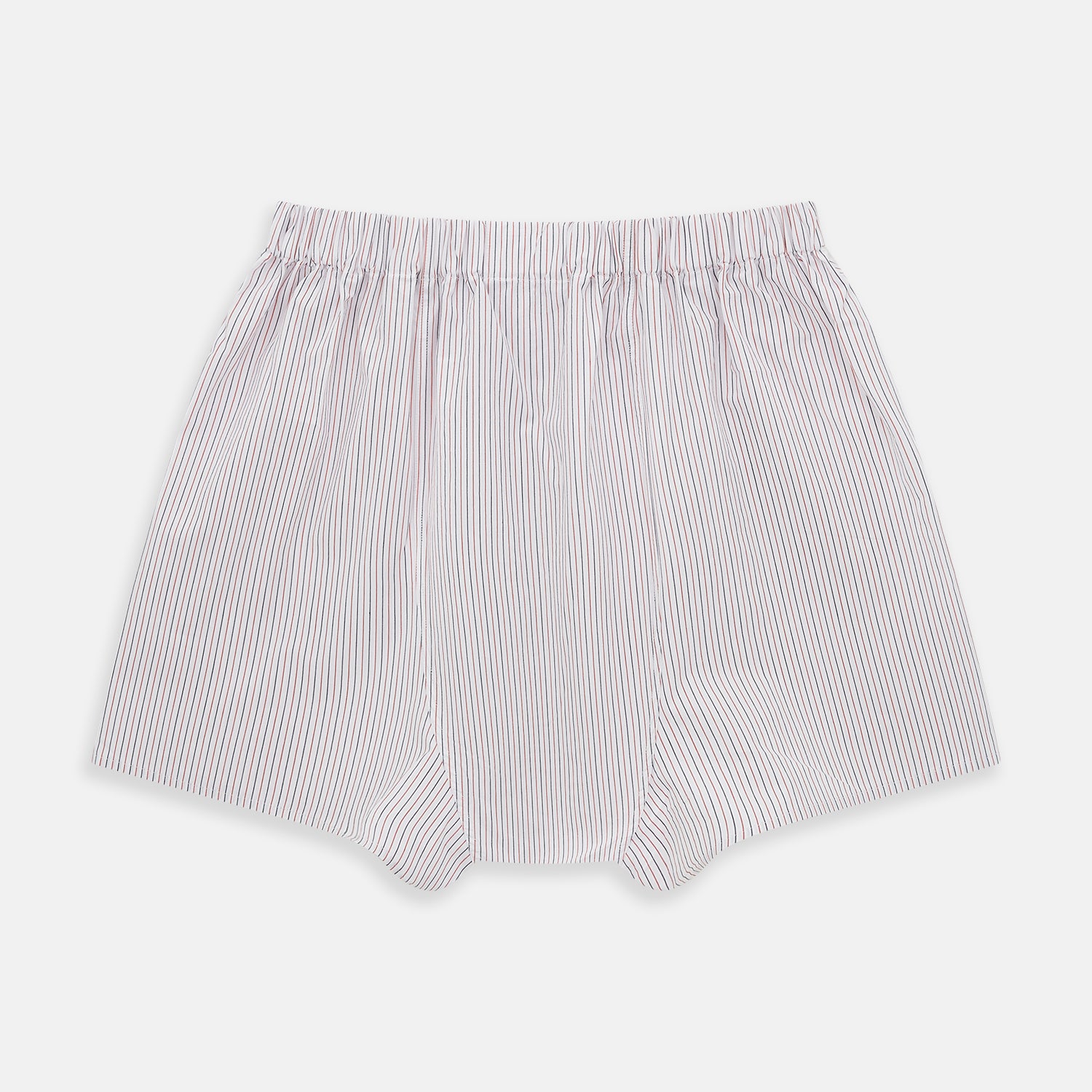 View 2 of product Red and black vertically striped Godfrey boxer shorts by Turnbull & Asser, crafted from soft Italian cotton with an elastic waistband, displayed flat on a white background.