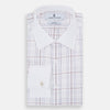 View 10 of product The Turnbull & Asser Purple Multi Plaid Check Shirt features a spread collar, double cuffs, and a fitted silhouette. Its bold plaid pattern and contrast collar add a modern touch to classic British style. Displayed on a plain white background.