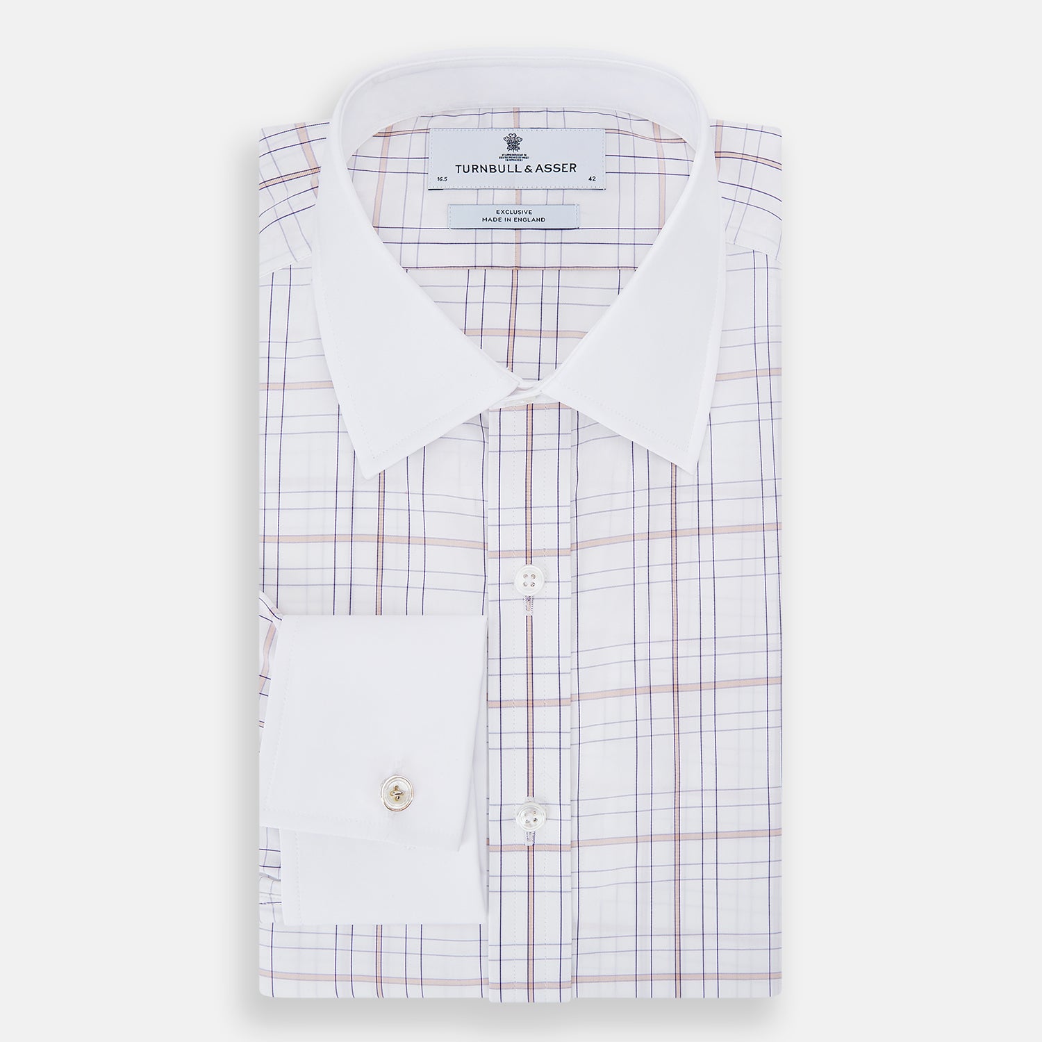 View 10 of product The Turnbull & Asser Purple Multi Plaid Check Shirt features a spread collar, double cuffs, and a fitted silhouette. Its bold plaid pattern and contrast collar add a modern touch to classic British style. Displayed on a plain white background.