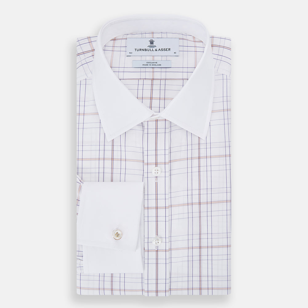The Turnbull & Asser Purple Multi Plaid Check Shirt features a spread collar, double cuffs, and a fitted silhouette. Its bold plaid pattern and contrast collar add a modern touch to classic British style. Displayed on a plain white background.