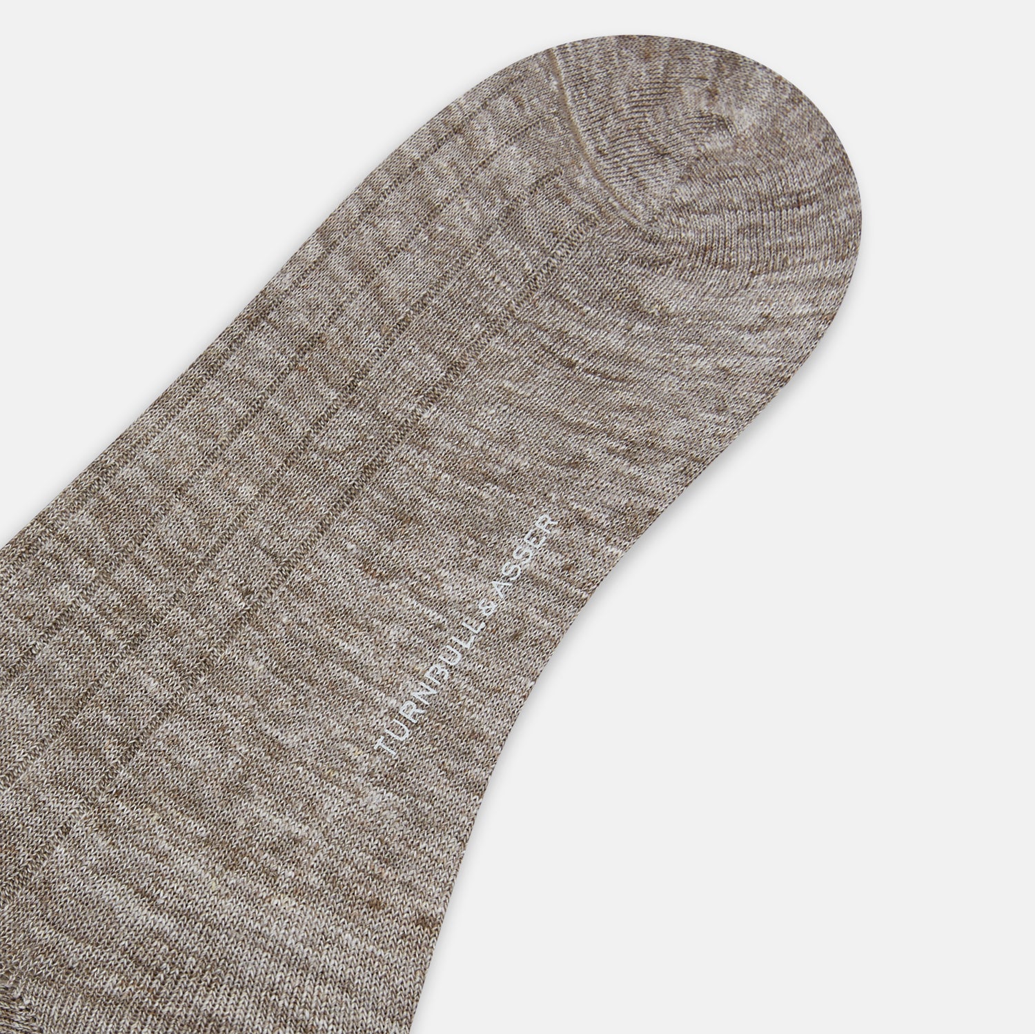 View 3 of product Turnbull & Asser Coffee Linen Mid-Length Sock—brown, textured heathered fabric, displayed upright on white. Ideal for comfortable everyday wear.