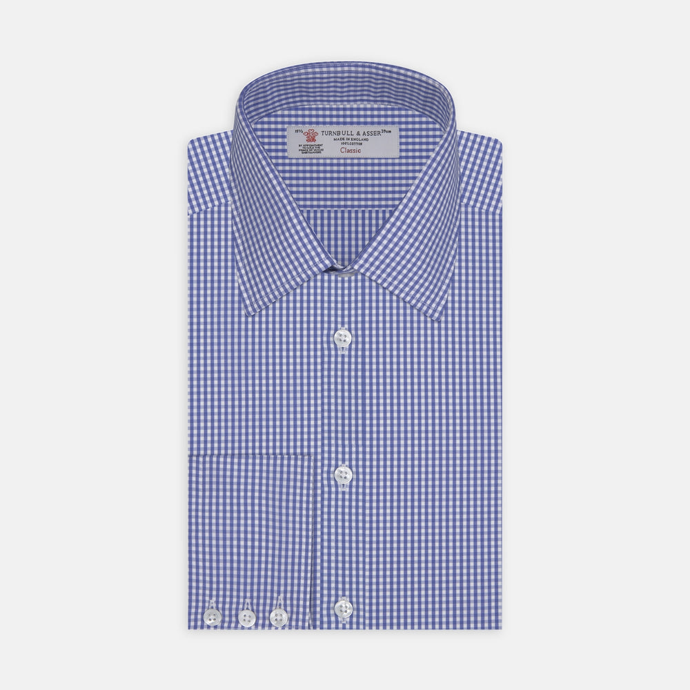 The Turnbull & Asser Mid-Blue Gingham Check Shirt features a T&A collar and 3-button cuffs, crafted from soft cotton and displayed against a plain white background.