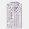 View 5 of product The Turnbull & Asser Purple Plaid Check Mayfair Shirt is a long-sleeve button-down with a pointed T&A collar, featuring a purple and blue plaid pattern on white.