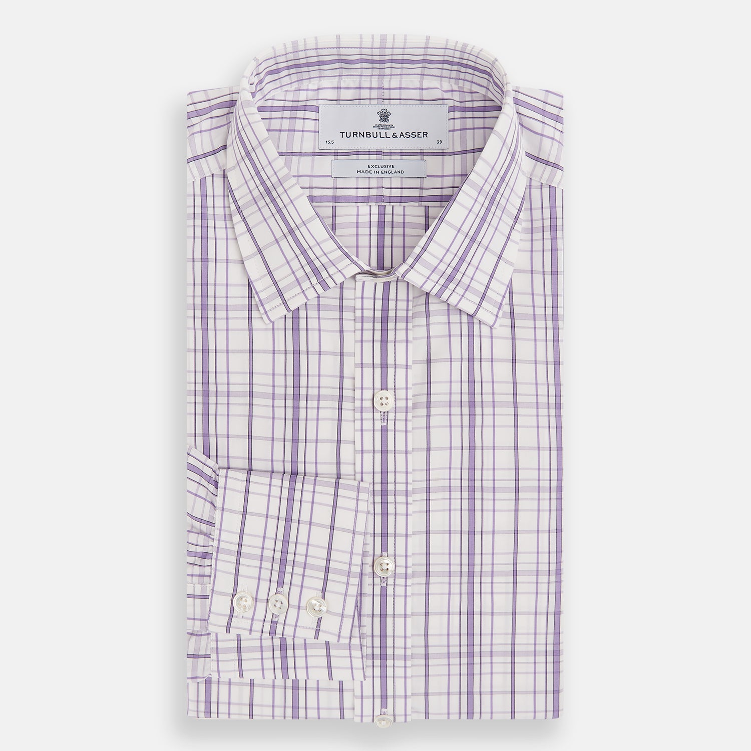 View 5 of product The Turnbull & Asser Purple Plaid Check Mayfair Shirt is a long-sleeve button-down with a pointed T&A collar, featuring a purple and blue plaid pattern on white.