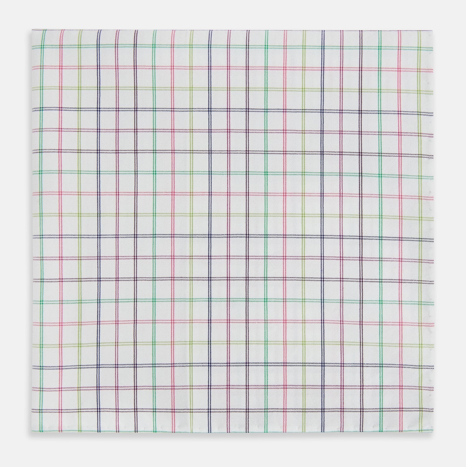 View 3 of product The Turnbull & Asser Green Multi Double Grid Check Hand-Rolled Handkerchief features a white base with thin blue, pink, and green lines forming small squares, finished with elegant hand-rolled edges.