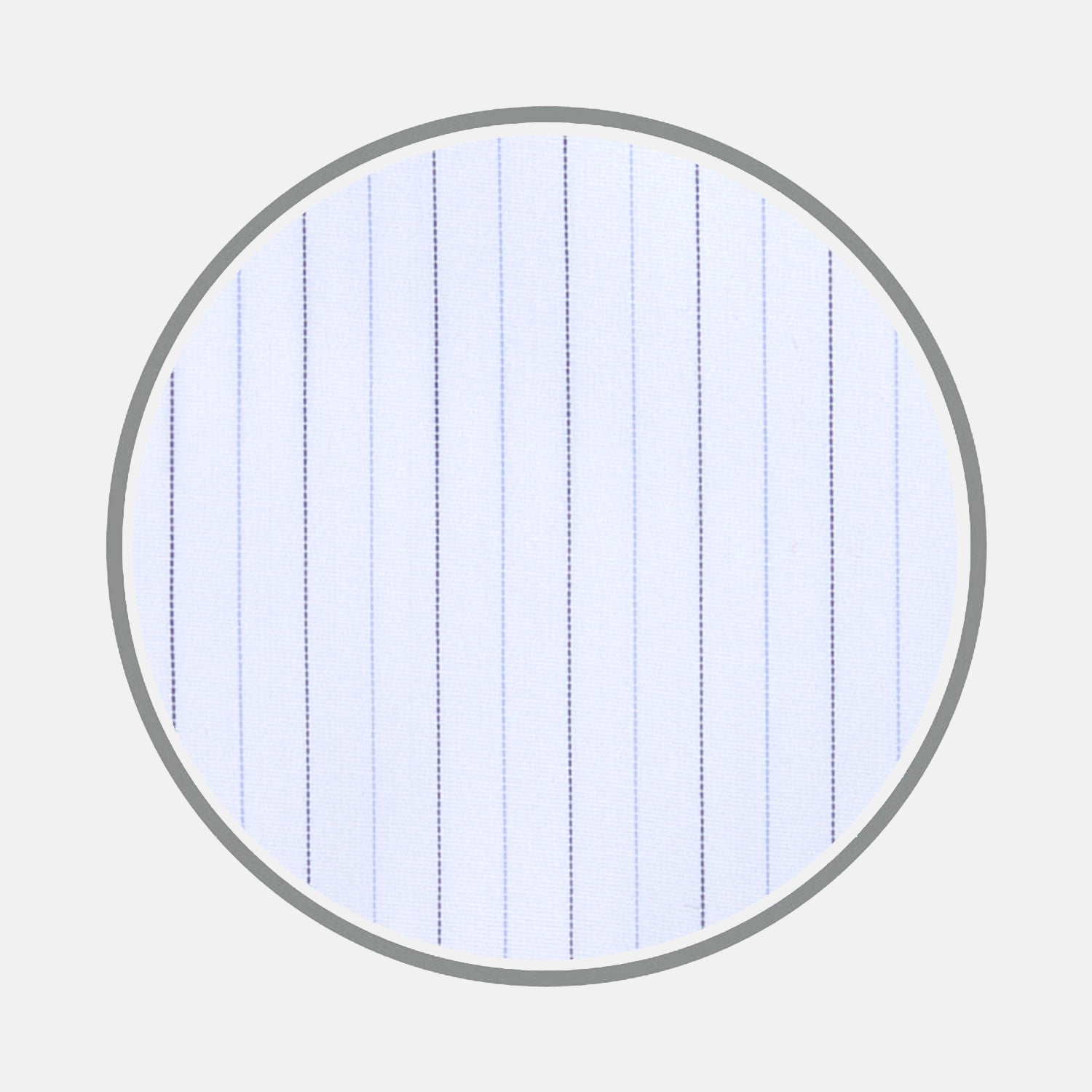 View 1 of product Close-up of Turnbull & Asser's Lilac, Blue and Navy Hairline Stripe Sea Island Quality Cotton Fabric, featuring evenly spaced thin pinstripes, displayed within a circular frame on a light gray background.